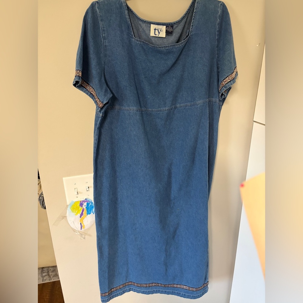 Vintage Denim Short-Sleeve Shift Dress 3X 90s with trim and slit